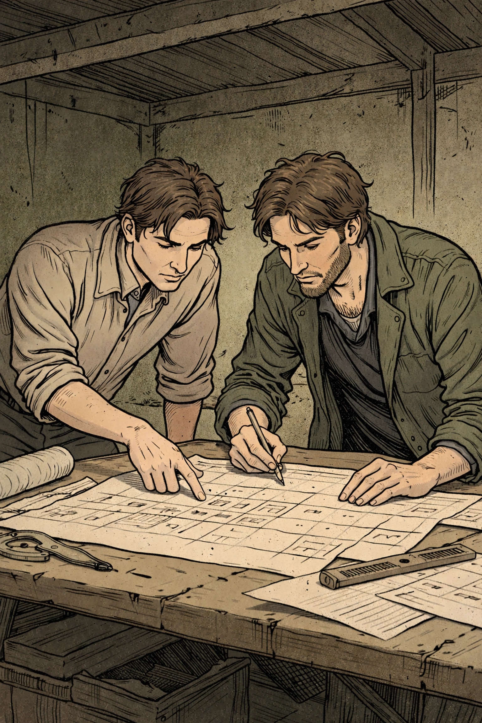Two men conspire over architectural blueprints in a rough workshop, representing the use of intellect and artistry as rebellion in the survival horror story.