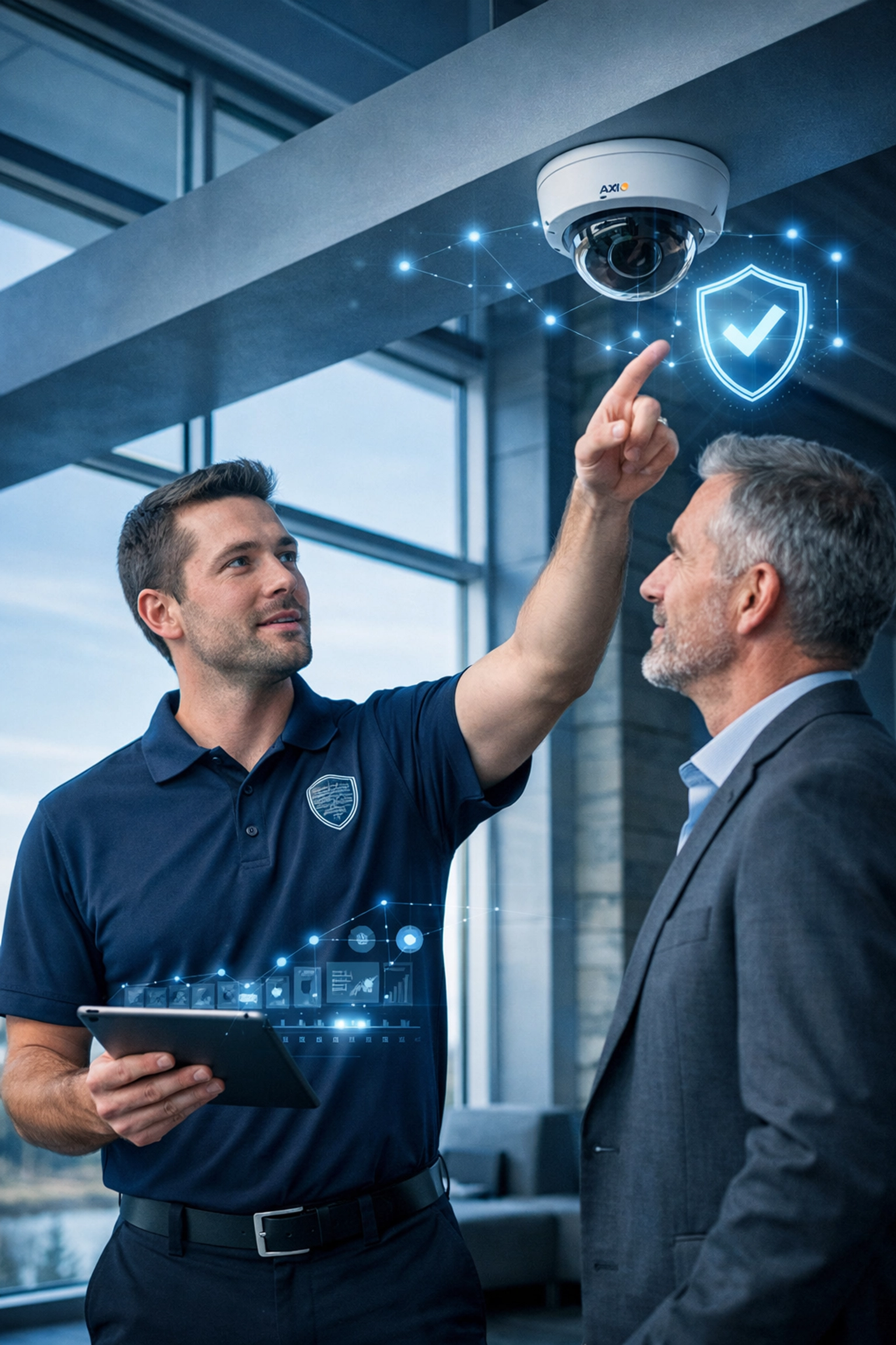 ClearPath IT specialist and Michigan business owner discussing 911 Camera Share and Axis camera security.