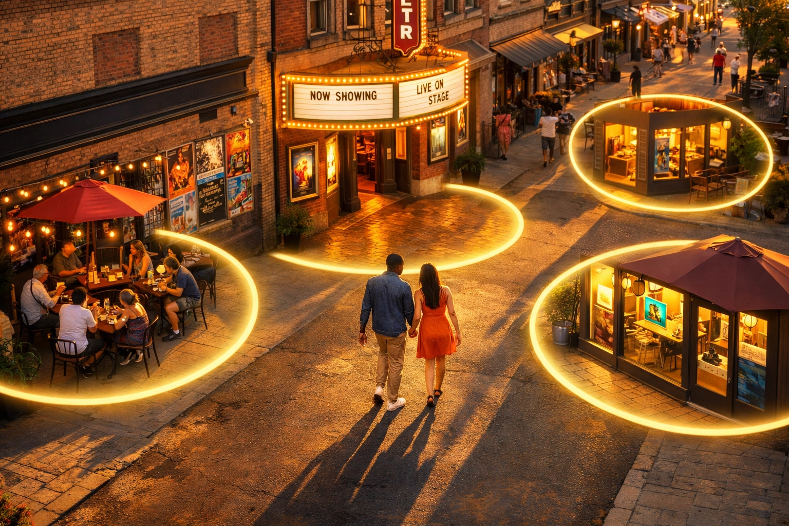 Couple exploring theater district with location-based event recommendations overlay