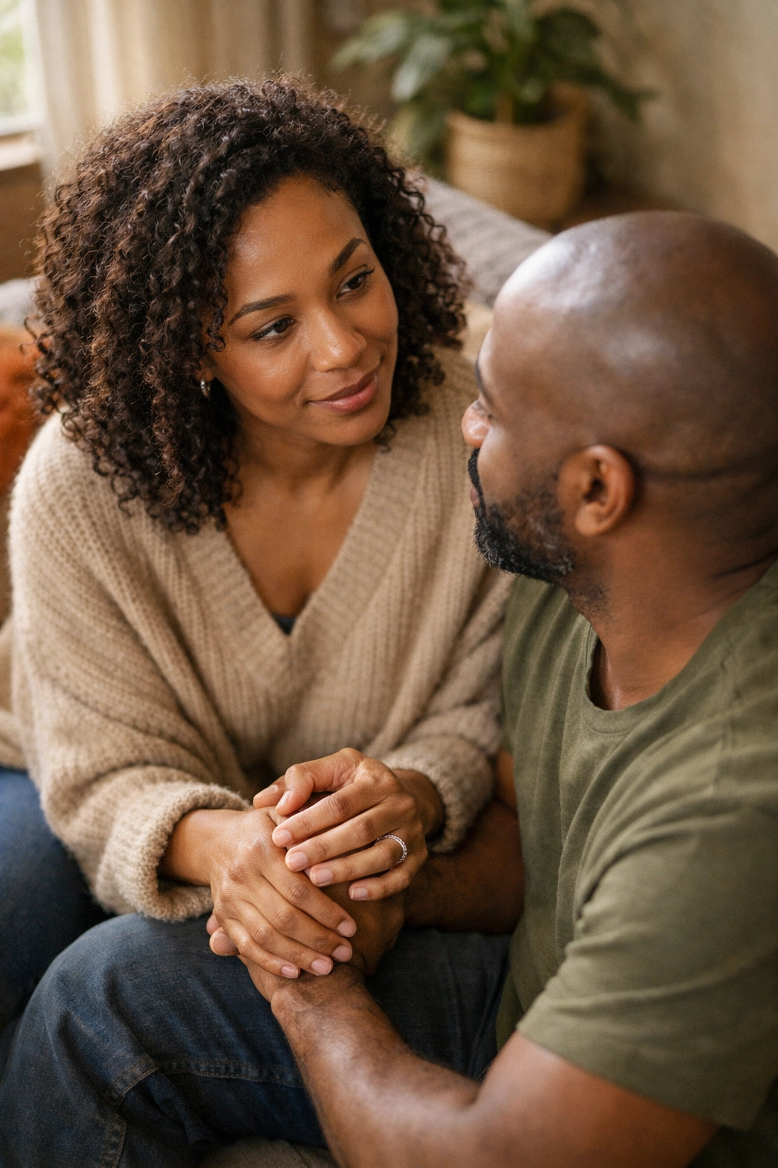 Couple holding hands making eye contact showing empathy and deep listening in relationship