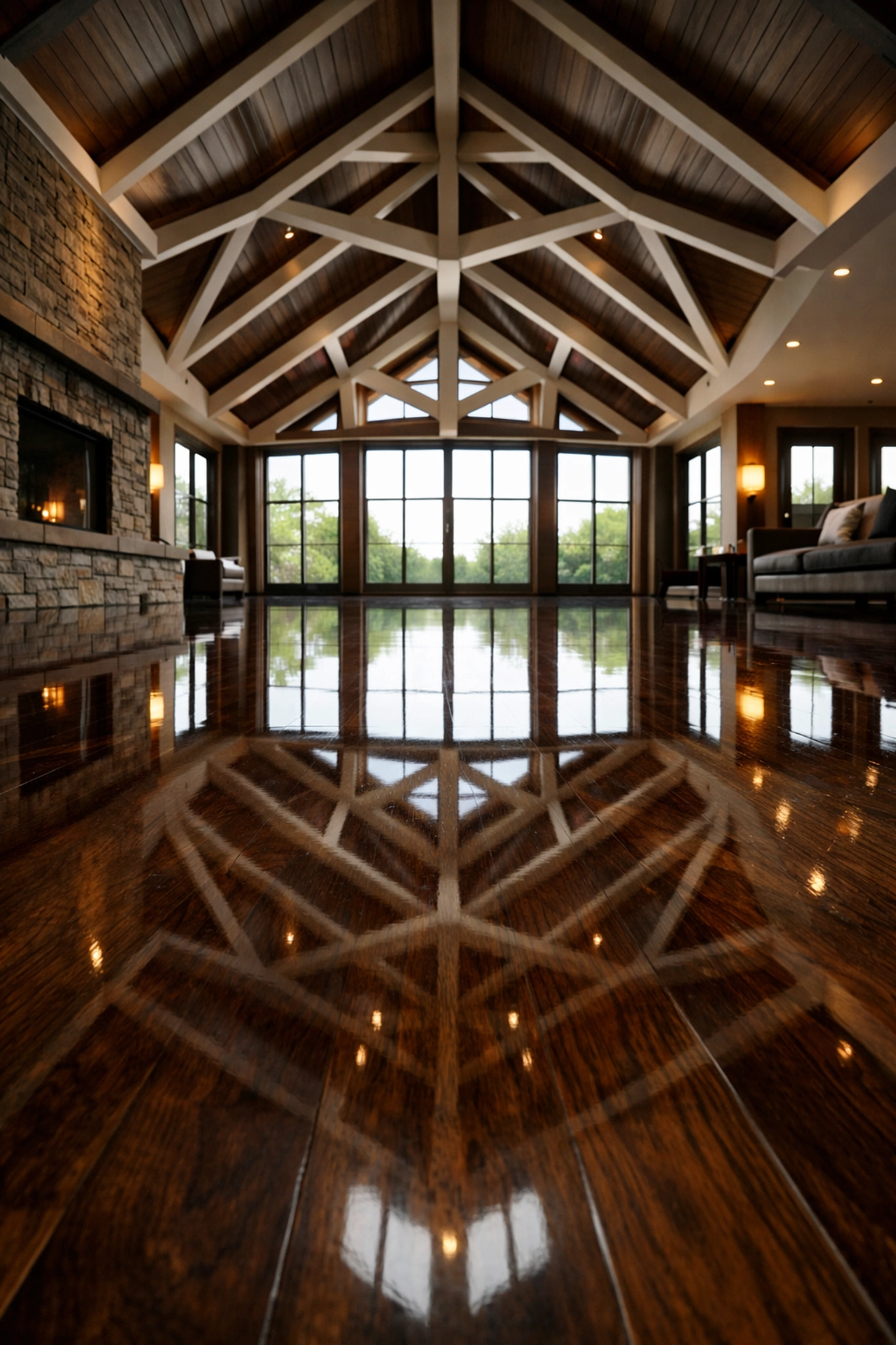 Pristine polished dark walnut hardwood floors in a newly constructed Lexington residence.