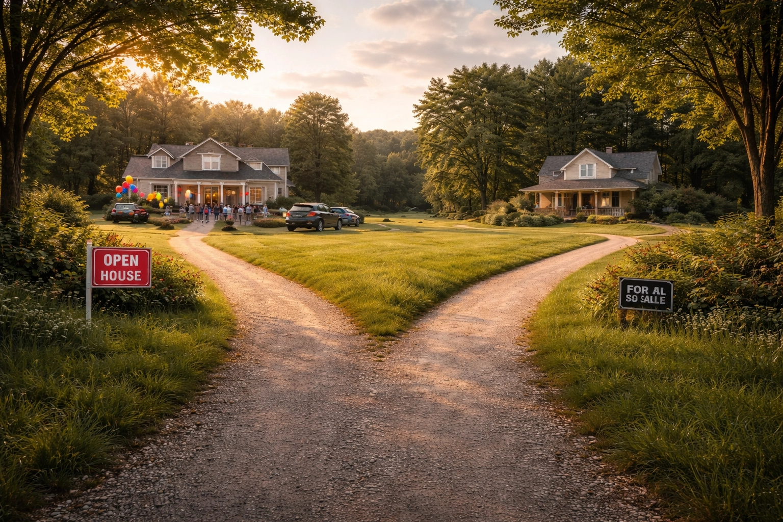 Photorealistic split-path scene comparing on-market vs off-market choices for an investment property MLS — MLS for investors.