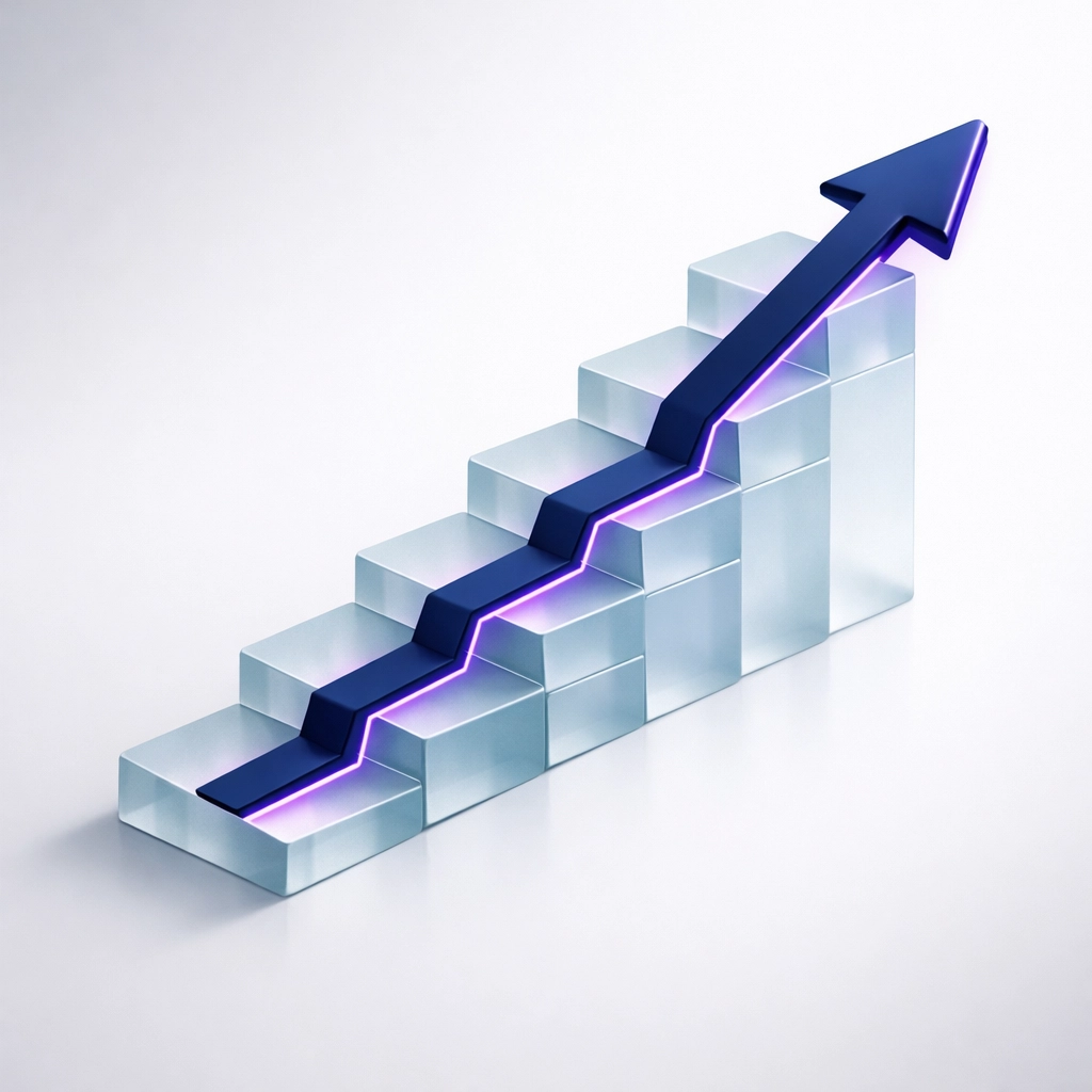 An ascending glass staircase and blue arrow symbolizing business growth and SEO success in 2026.