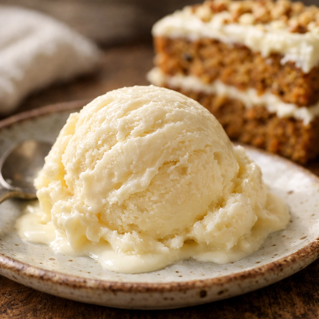 Buttermilk ice cream paired with spiced carrot cake and cream cheese frosting