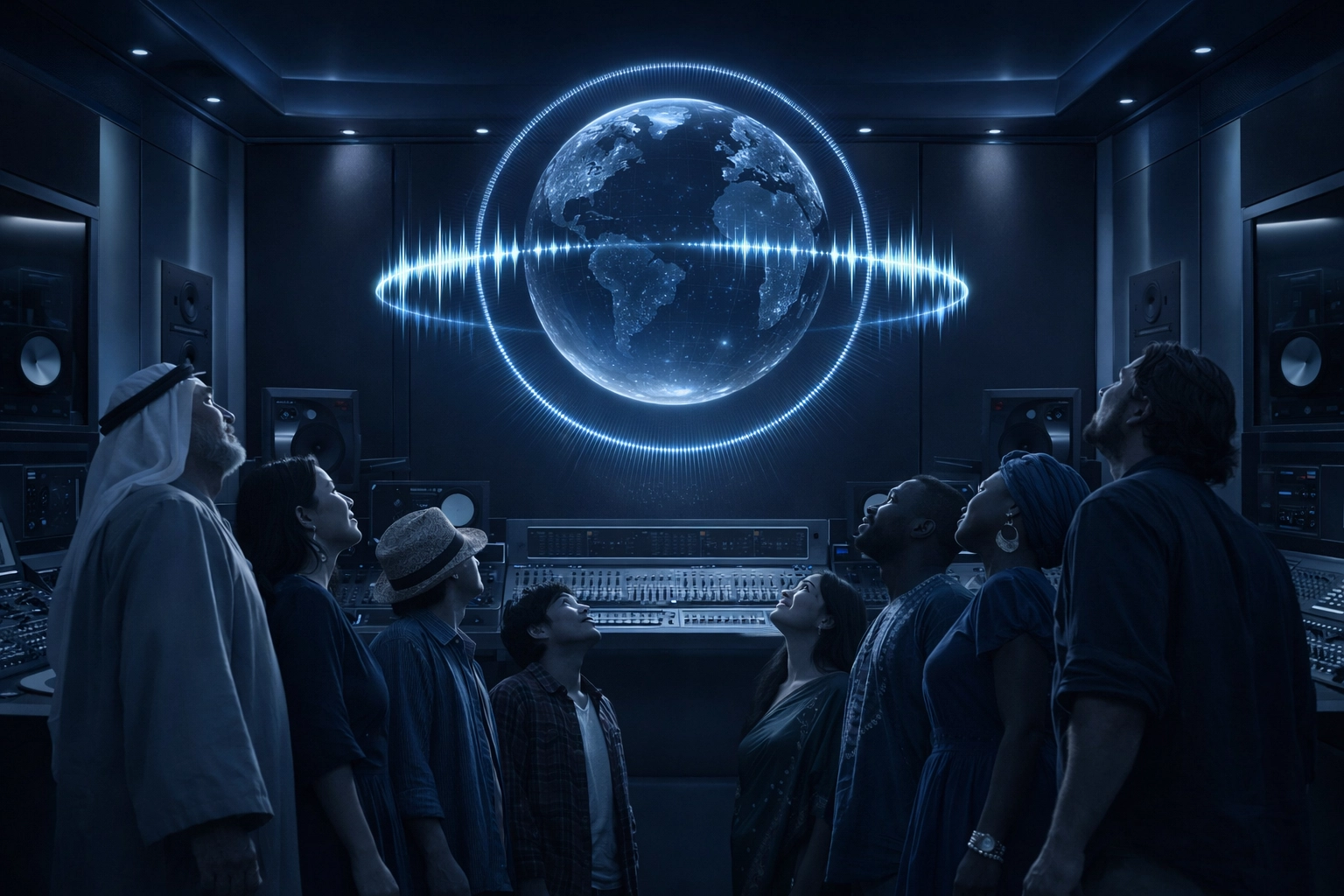 Minimalist premium studio with a subtle blue-light globe/waveform concept, cool silver and deep blue tones, and high-end equipment.