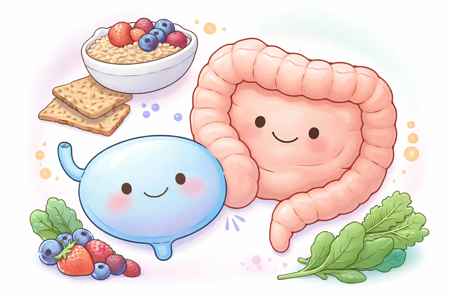 Gentle illustration of bowel and bladder as neighbors, surrounded by fiber-rich foods to support bladder health and prevent bedwetting.