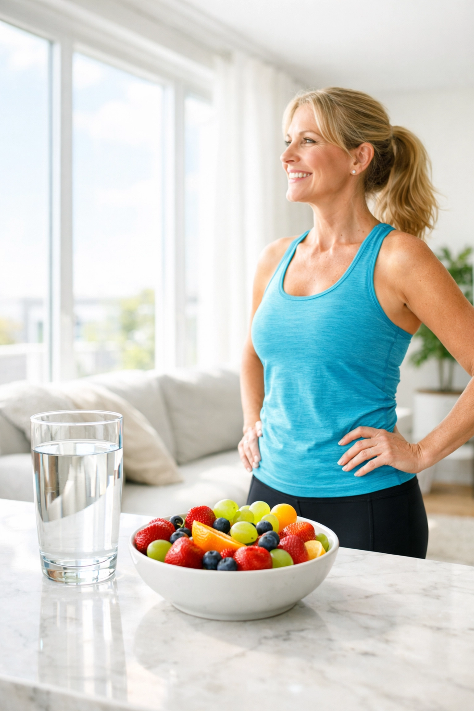 A healthy woman in athletic wear smiling near fresh fruit, representing a successful weight loss journey.