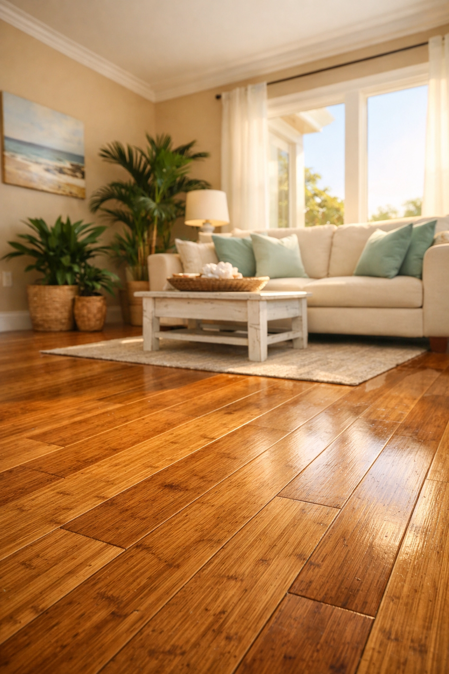 Bamboo flooring renovation in Orlando living room with coastal design and natural light