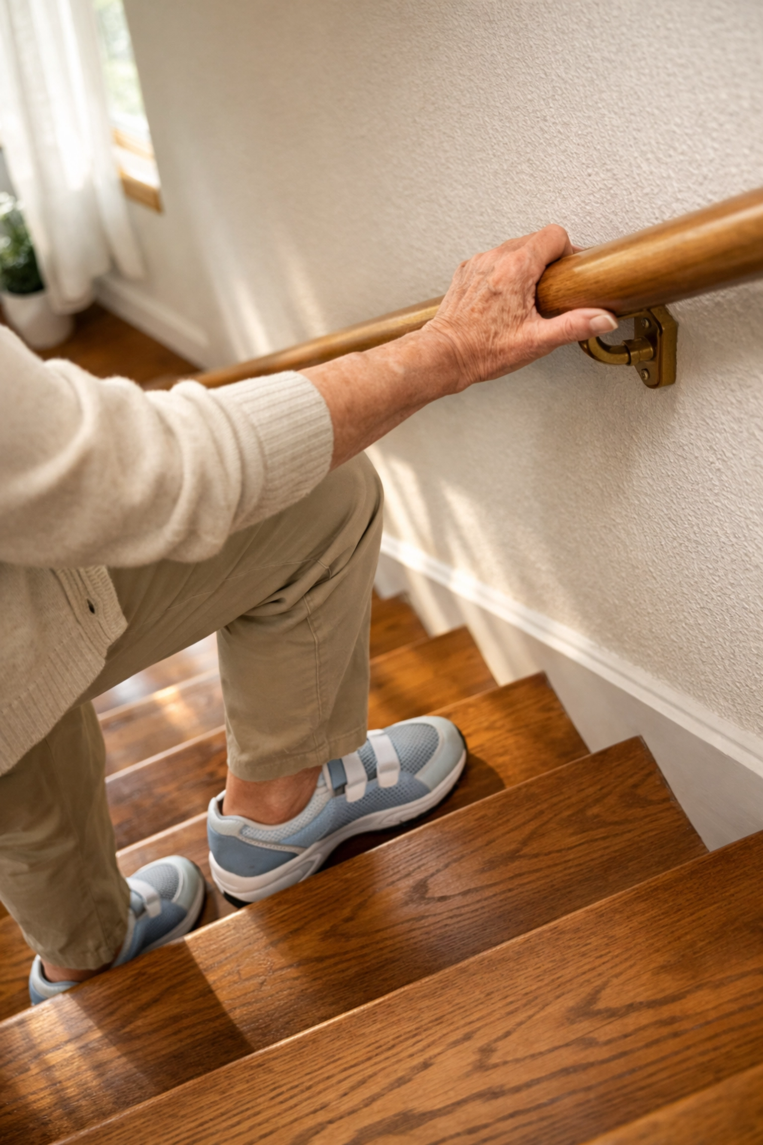 Senior woman gripping a handrail and stepping onto well-lit wooden stairs for fall prevention.