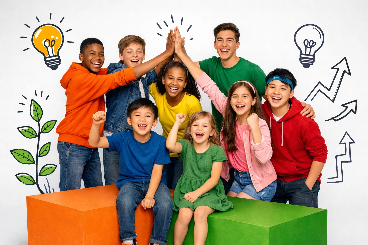 Joyful kids and teens celebrating their growth and social confidence at a life skills training academy.