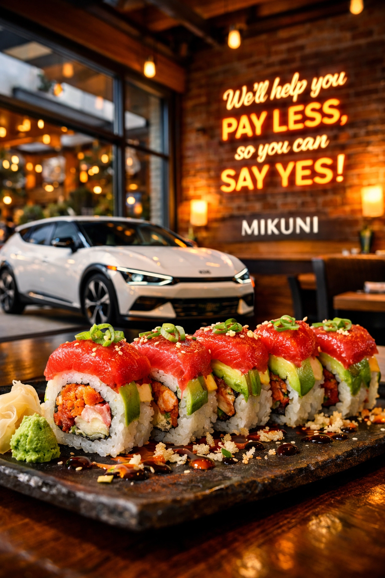 A vibrant sushi platter at Mikuni Roseville with a new Kia EV6 visible through the window.