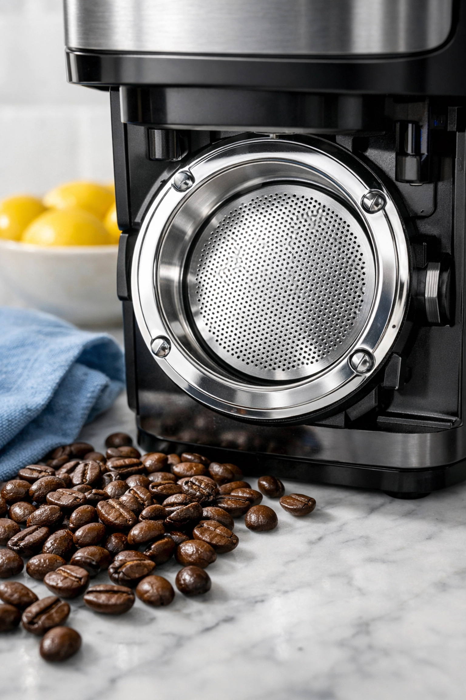 Clean coffee maker components and filter on a marble counter, highlighting the need for a hygienic detox.
