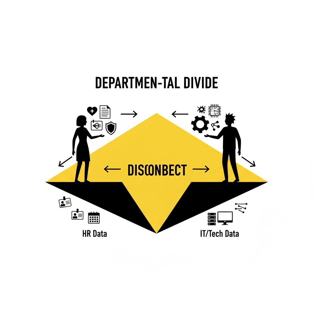 Silhouettes of two people stand on opposite ends of a yellow, black platform labeled "DISCONNECT," representing HR and IT data division.