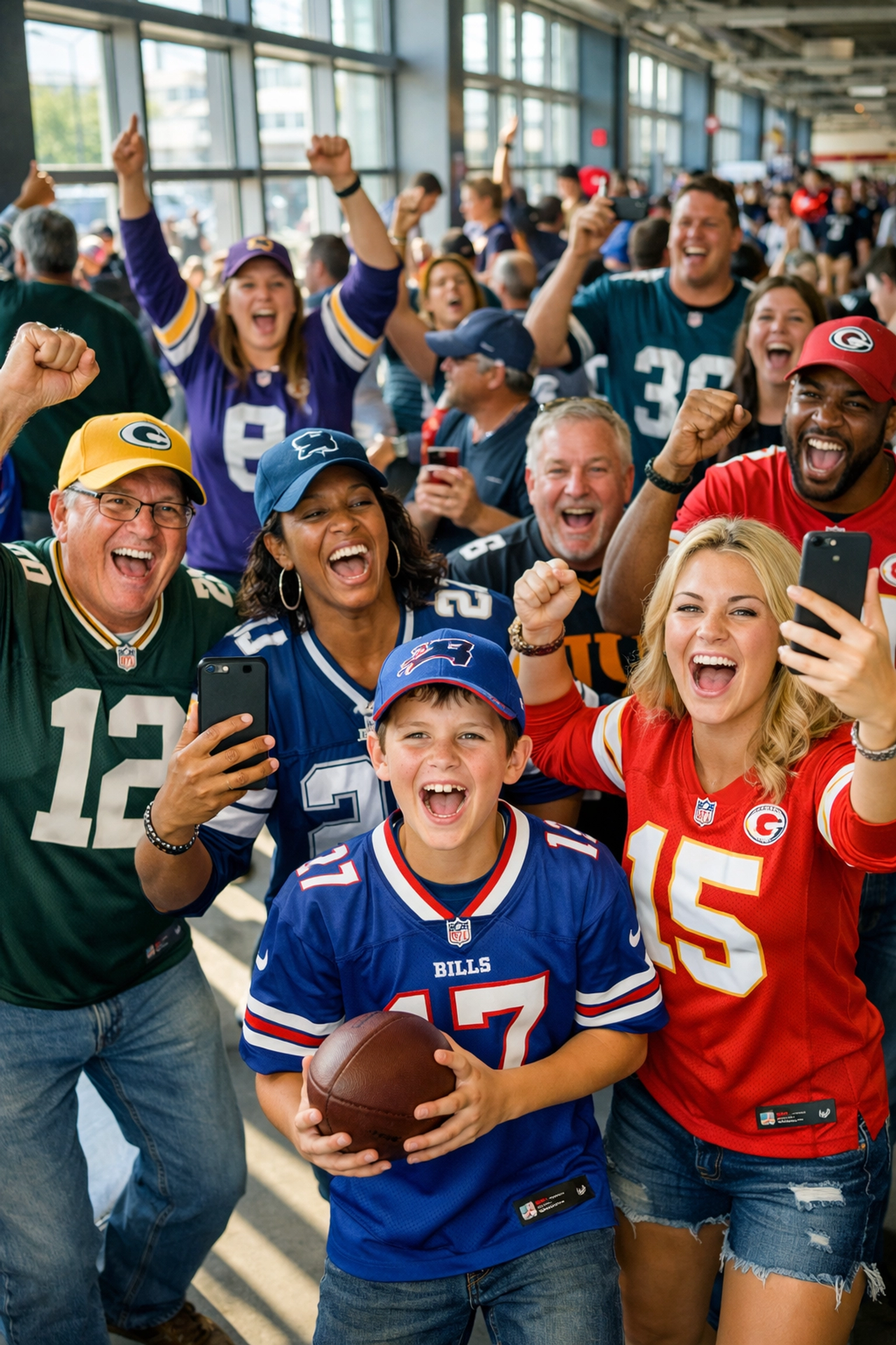 NFL fans celebrating at Super Bowl 2026 fan experience with jerseys and footballs