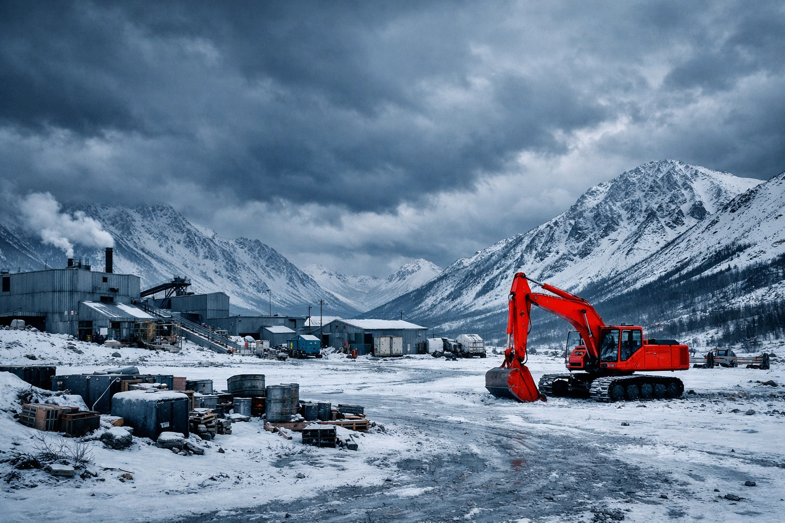 Remote Yukon mining camp with equipment and mountains during northern winter