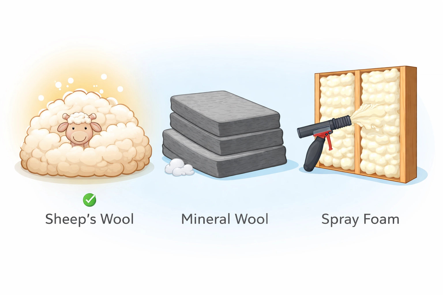 Side-by-side comparison of sheep's wool, mineral wool, and spray foam insulation commonly used in UK lofts