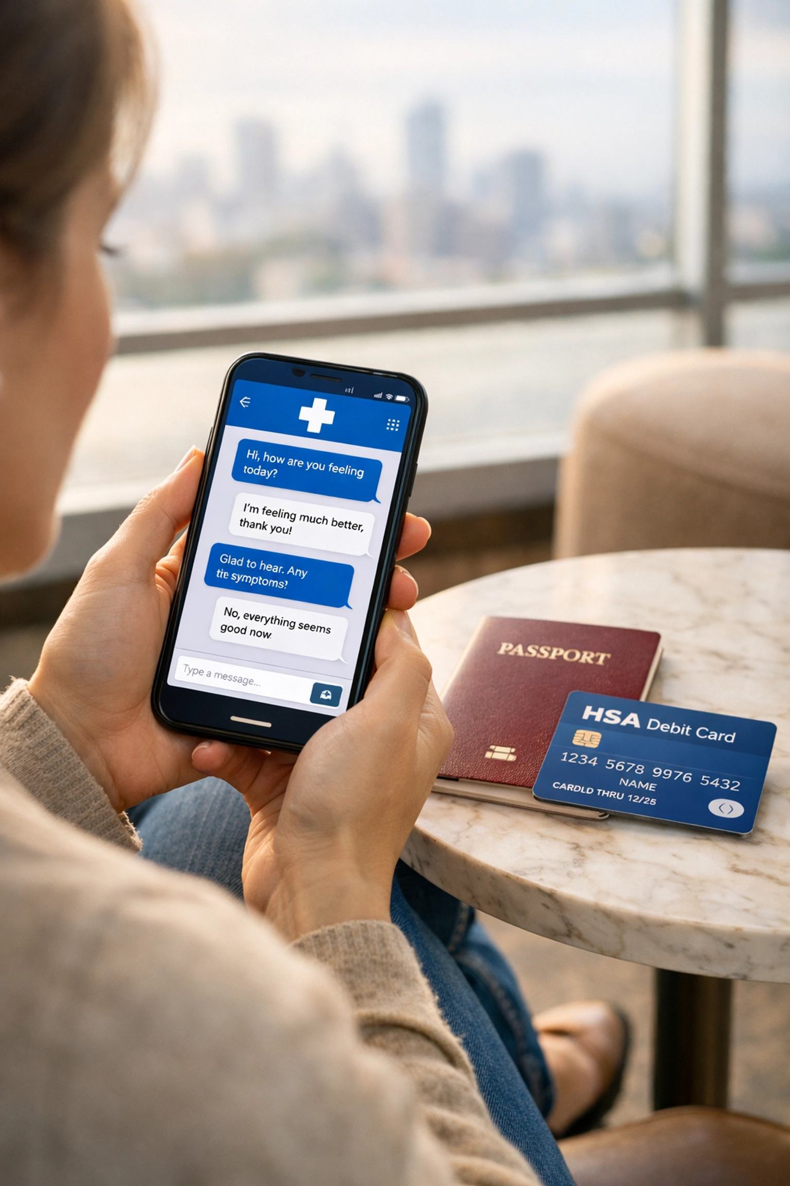 Traveler getting an online UTI prescription via secure text chat in an airport lounge using an HSA card.