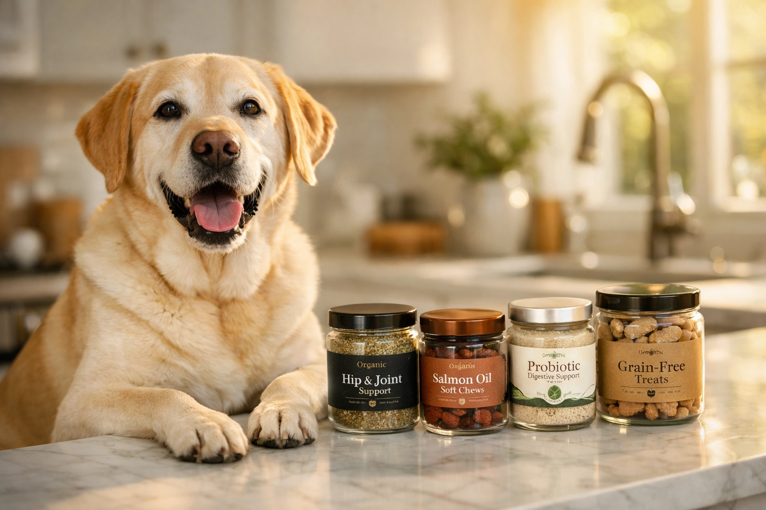 Senior Labrador in a kitchen with organic pet supplements, highlighting targeted niche e-commerce SEO growth.