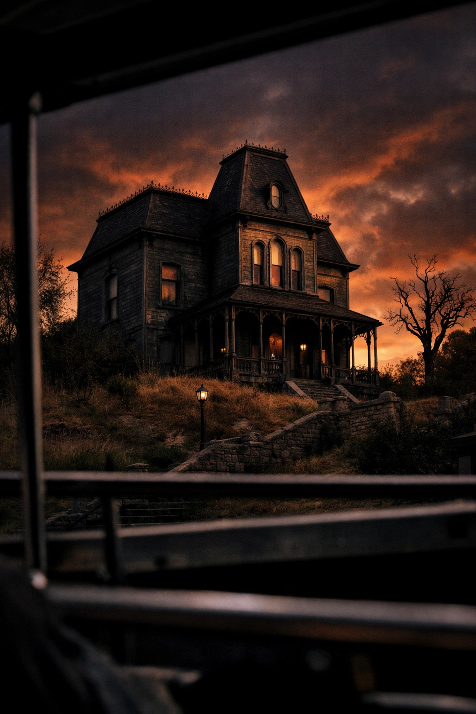The eerie Psycho House on the hill at sunset, a classic movie-ready photo spot at Universal Studios.