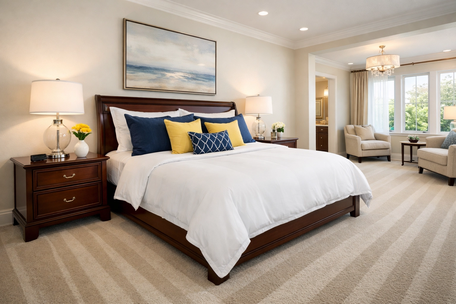 Luxury Wayland bedroom after affordable house cleaning services with perfect vacuum lines.