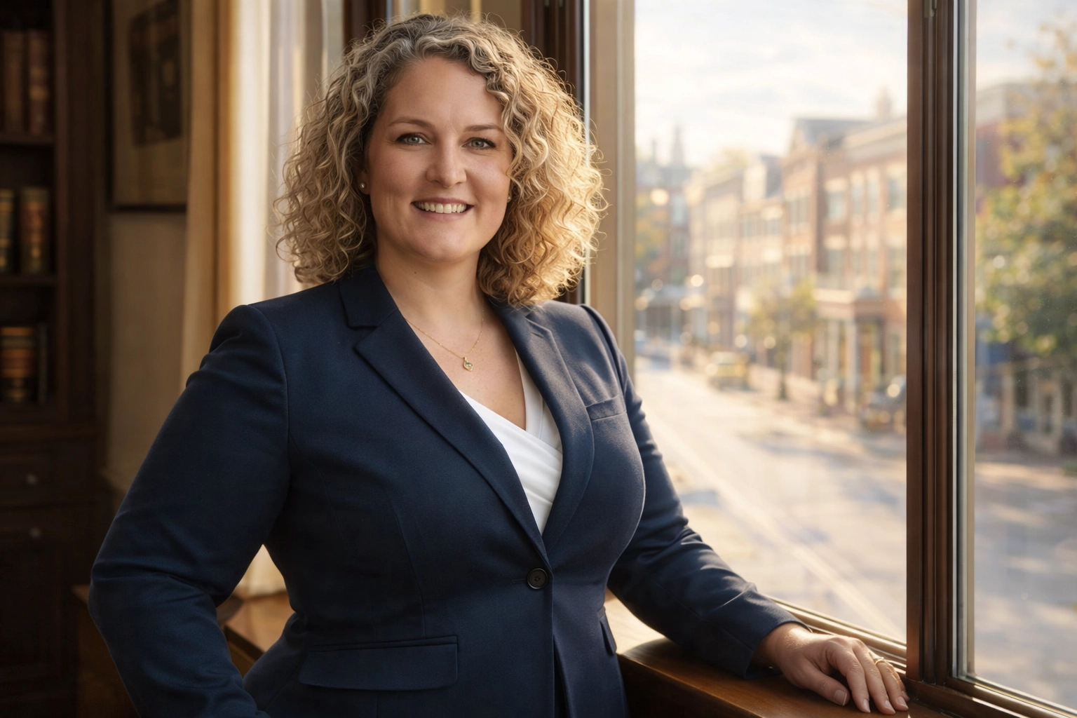 A professional woman in a navy blazer by a window in downtown Fredericksburg