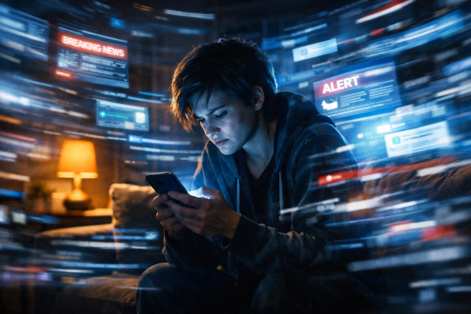 A person overwhelmed by digital news headlines and smartphone glow in a dark room