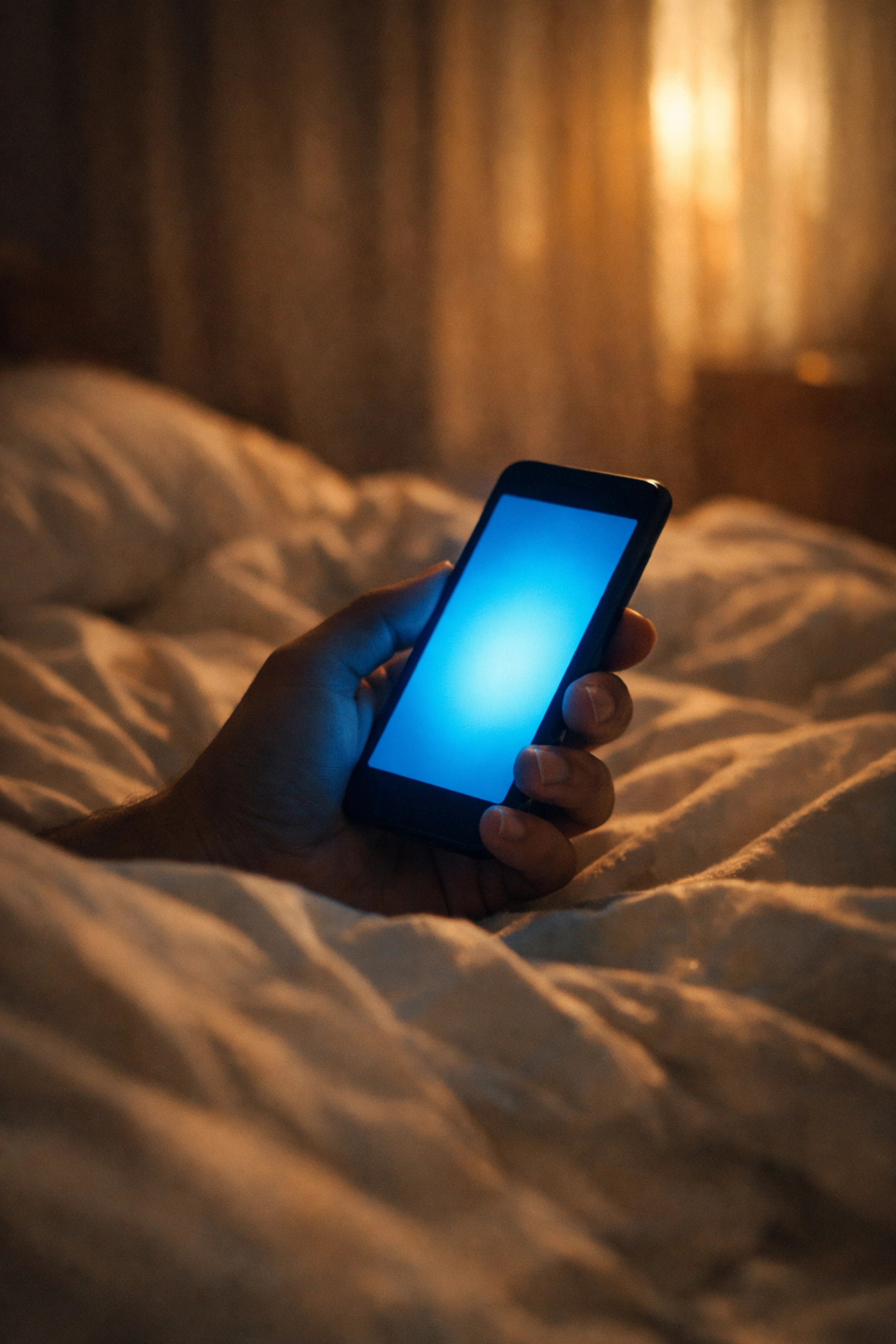 Person checking smartphone in bed at dawn showing morning news anxiety habit