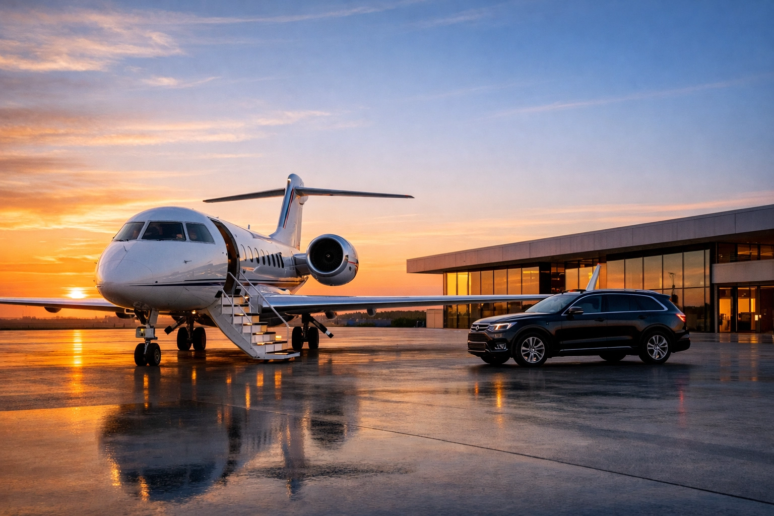 A private jet and luxury SUV at an executive terminal, highlighting elite Super Bowl corporate travel.