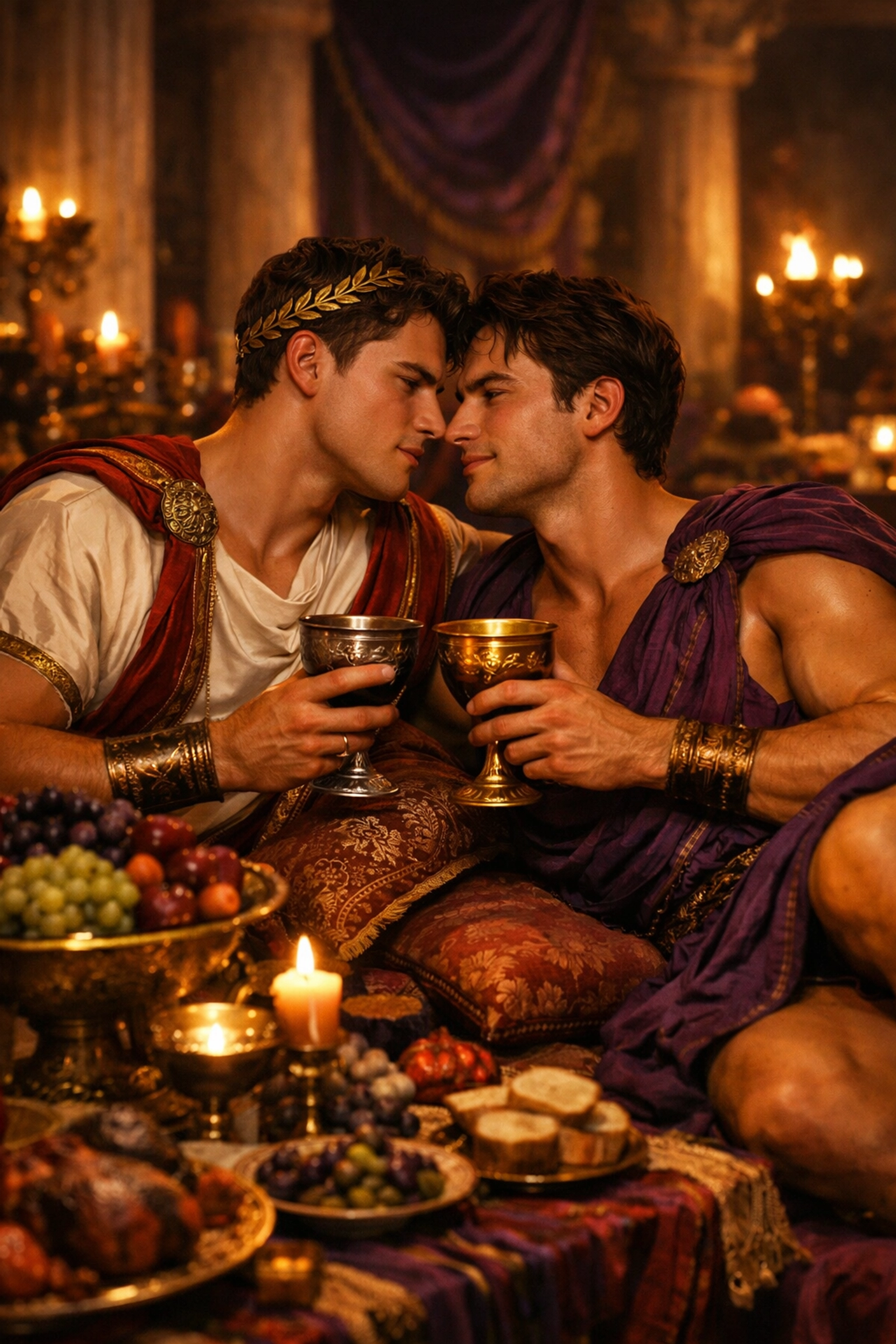 Two Roman men sharing intimate moment at lavish ancient feast depicting gay romance