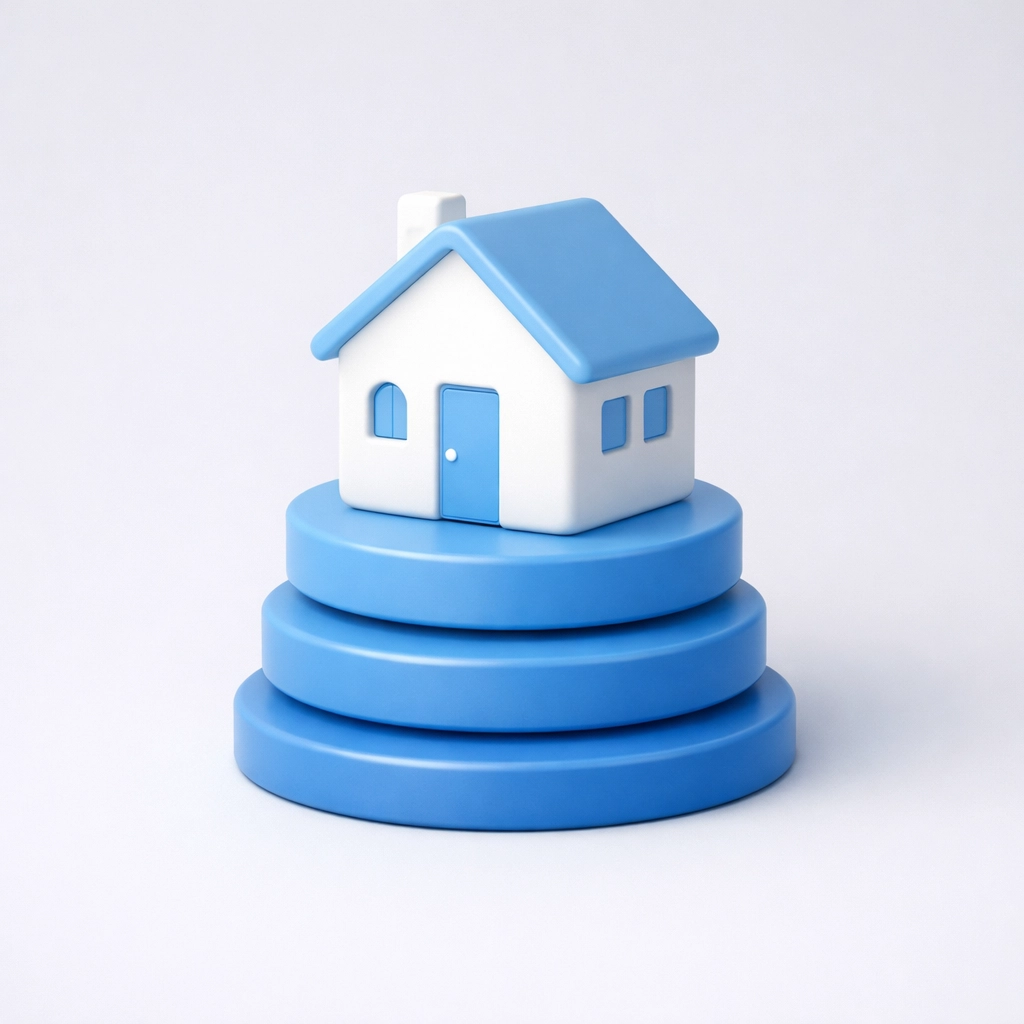 Modern house icon on blue foundation layers symbolizing home equity and down payment stability.