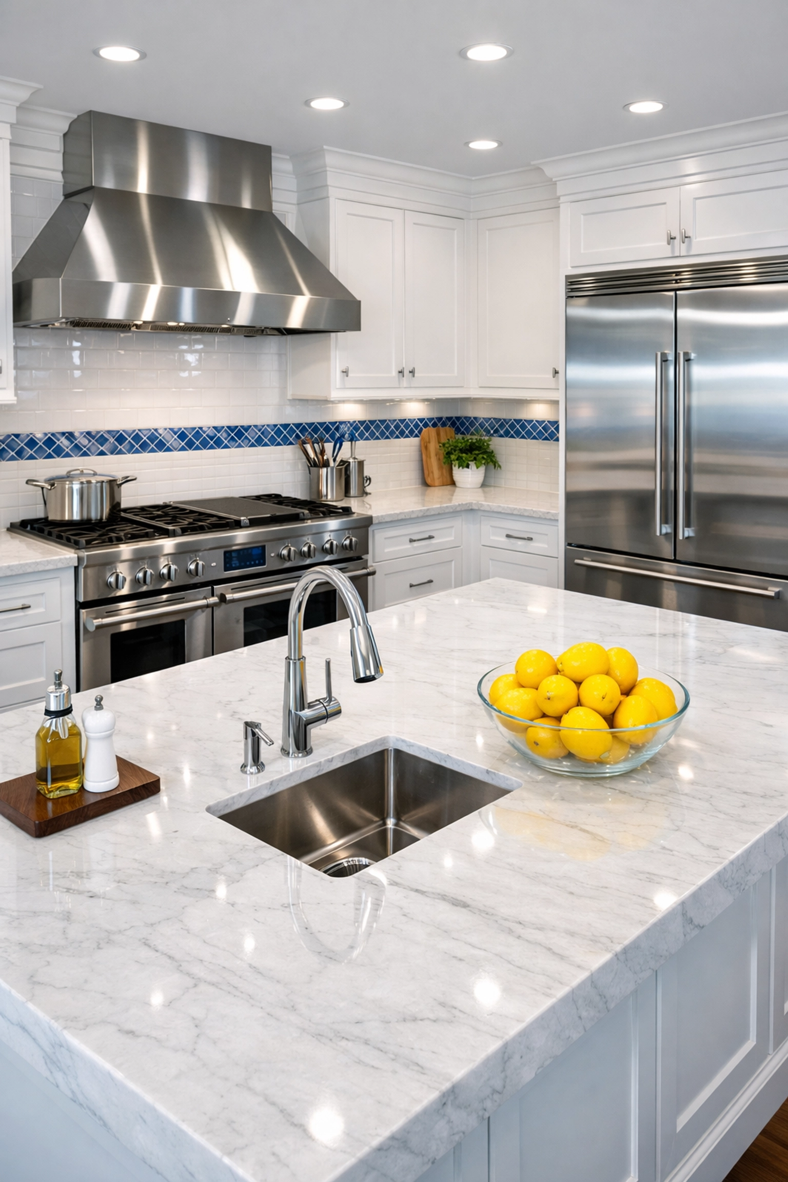 Detailed kitchen cleaning by professional cleaners Auburn MA featuring sparkling marble and stainless steel.