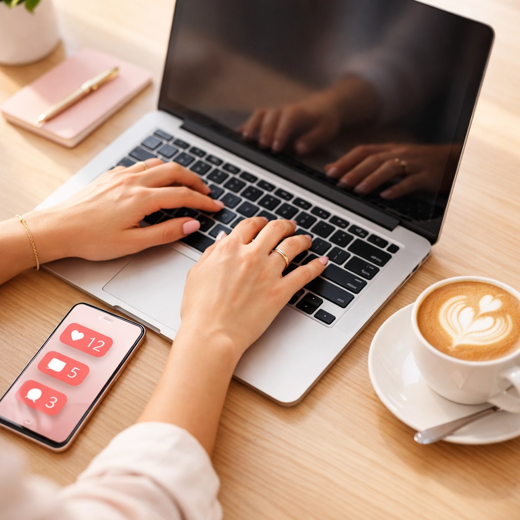 Professional managing cold outreach campaigns on laptop with social media notifications