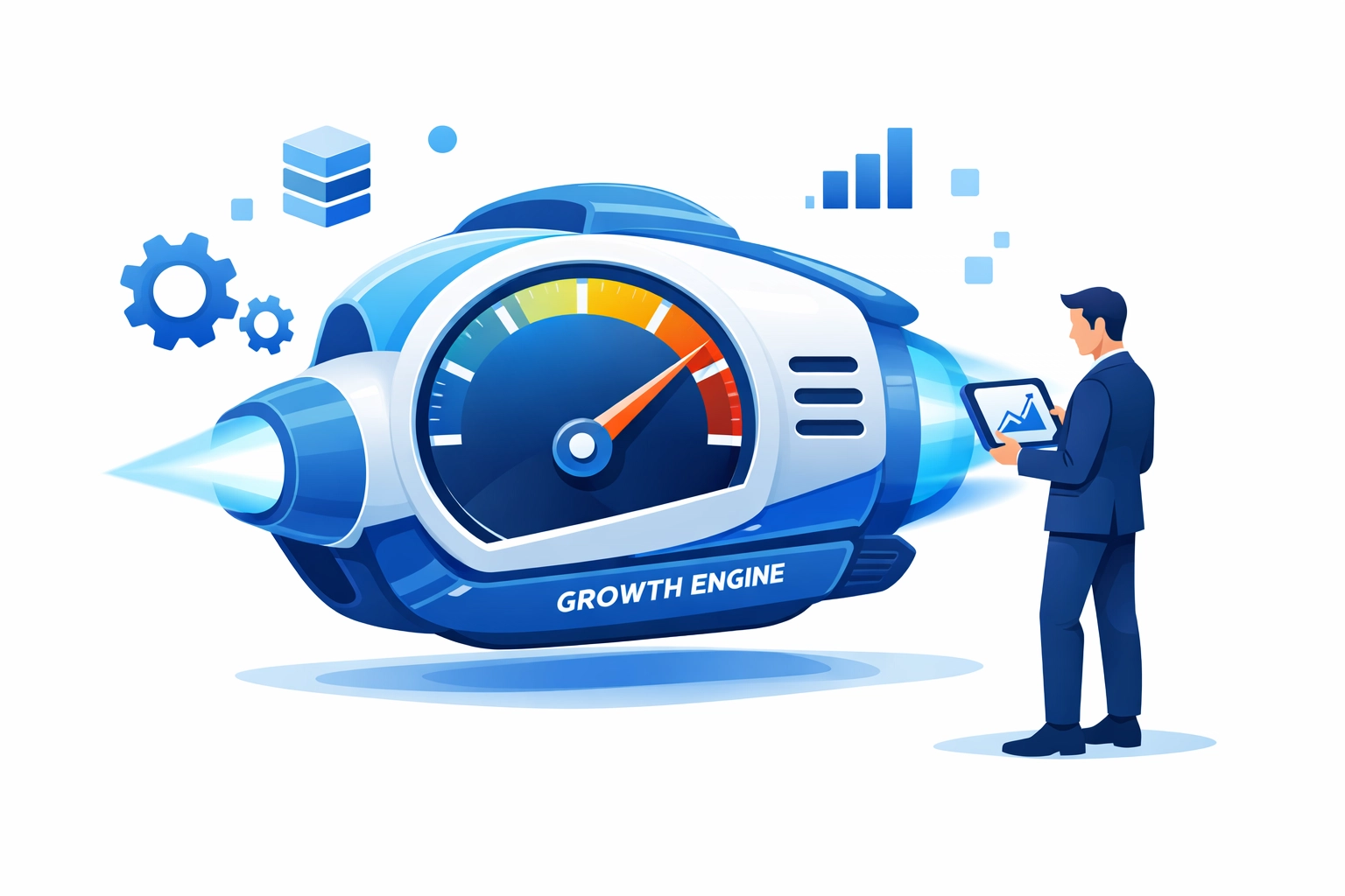 Speedometer and growth chart illustration representing fast page speed and data-driven local SEO metrics.