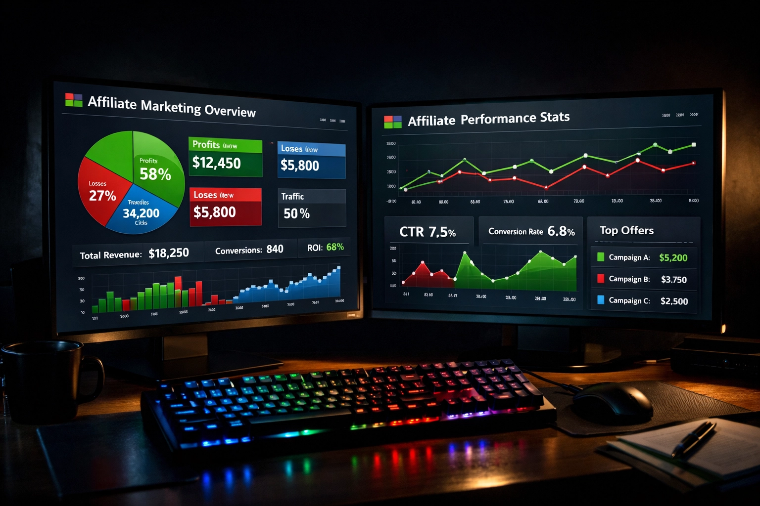 Simon Leung dual monitor setup displaying affiliate marketing performance analytics and data metrics