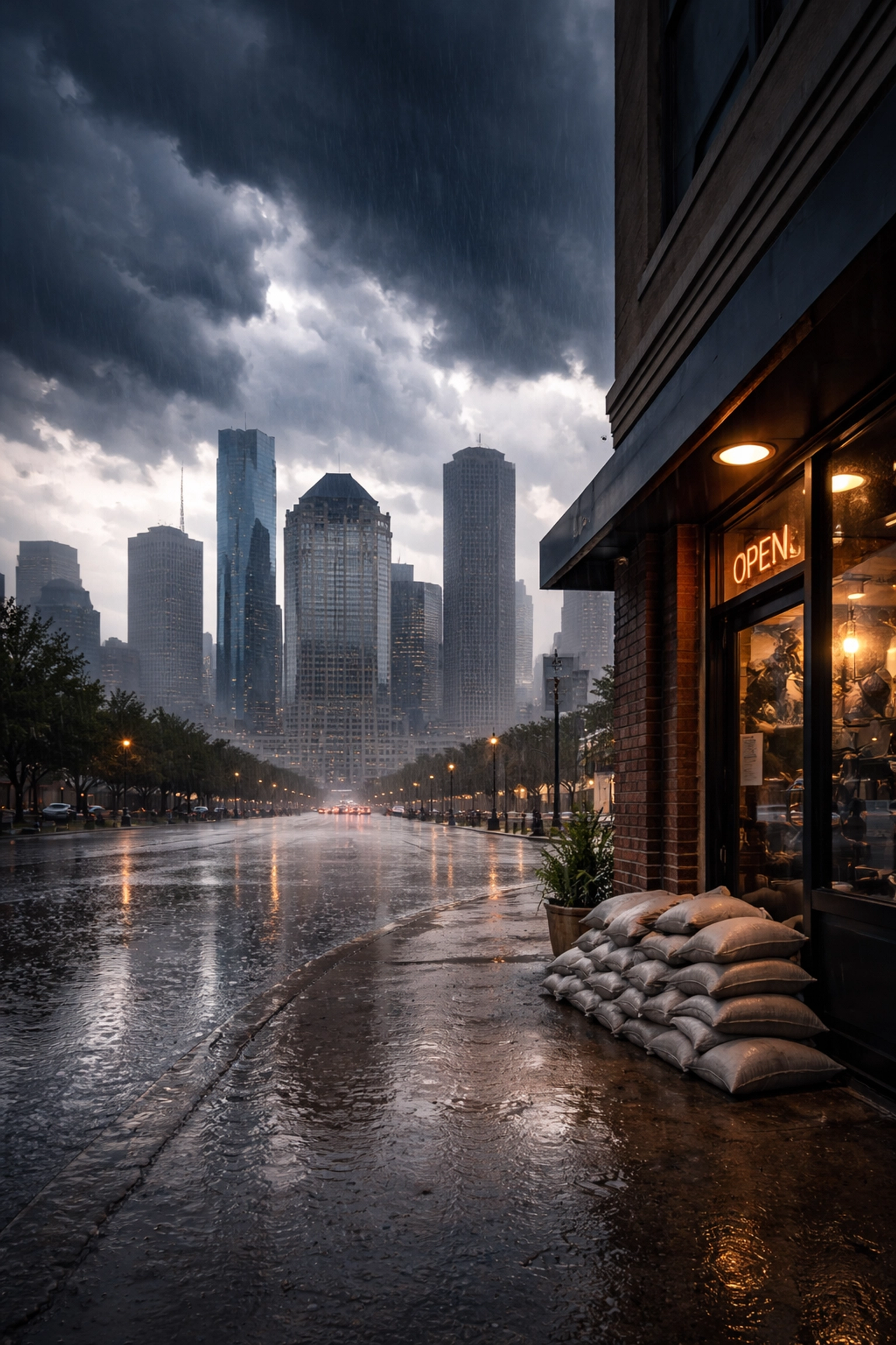 Houston business storefront with sandbags as storm clouds approach, illustrating flood risk for local businesses.