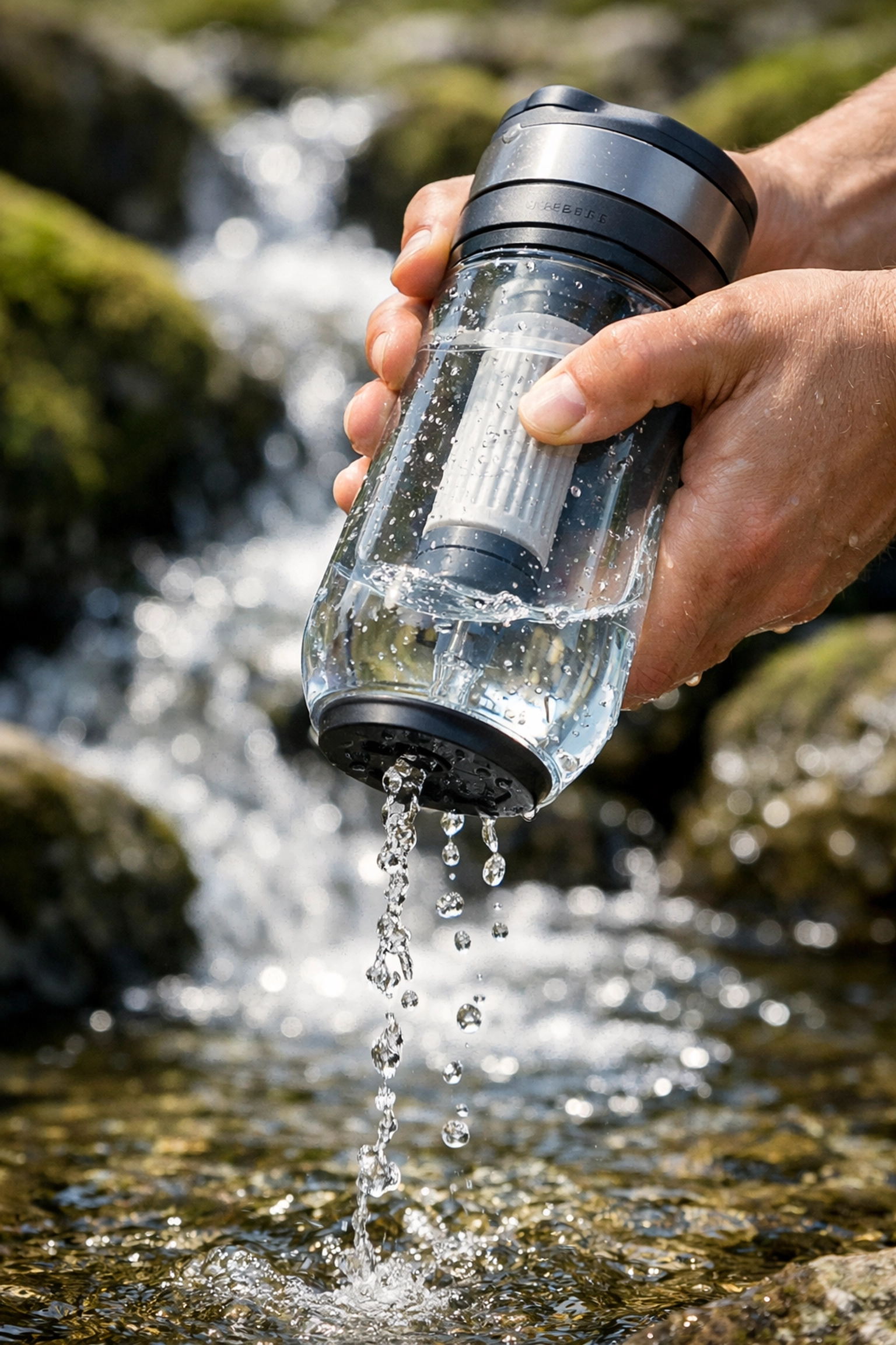 Hiker using squeeze water filter over Lake District stream during camping adventure UK