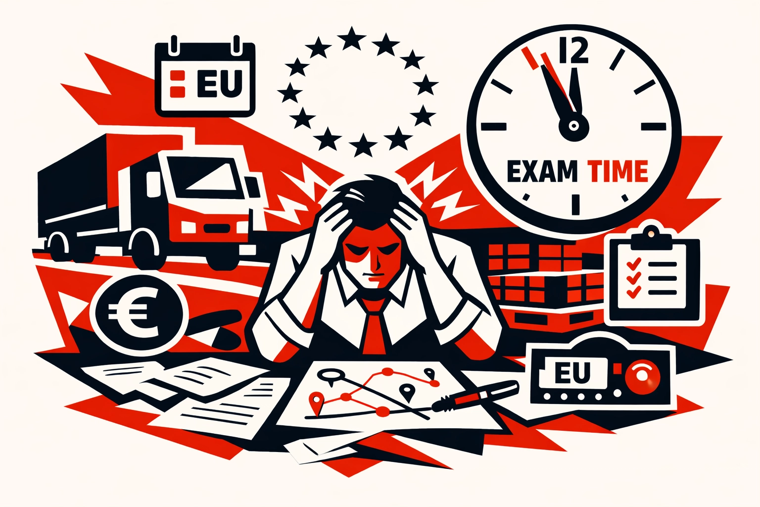 Transport manager studying complex driver scheduling scenarios for CPC exam preparation