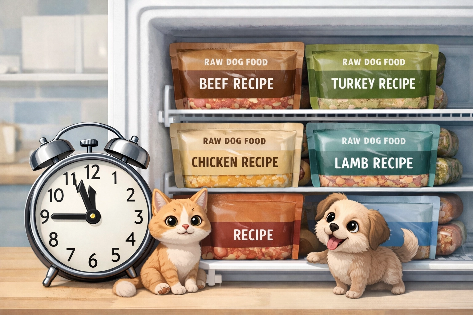 Organized freezer with raw dog food pouches ready for next-day delivery