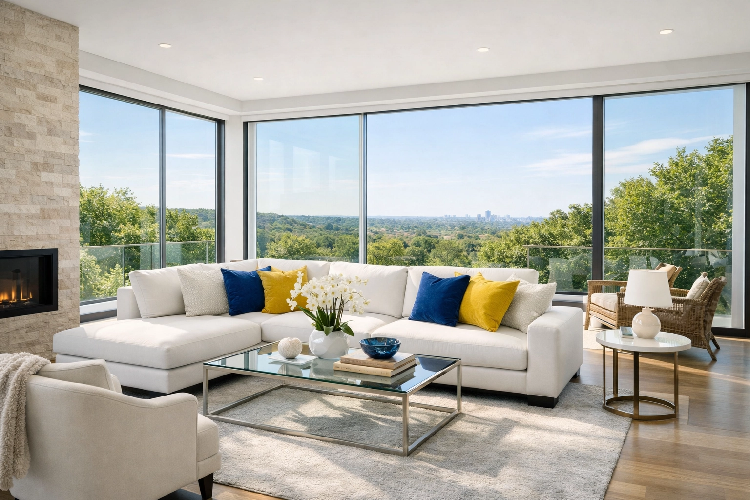 Perfectly staged and spotless Newton living room after high-end luxury house cleaning service.