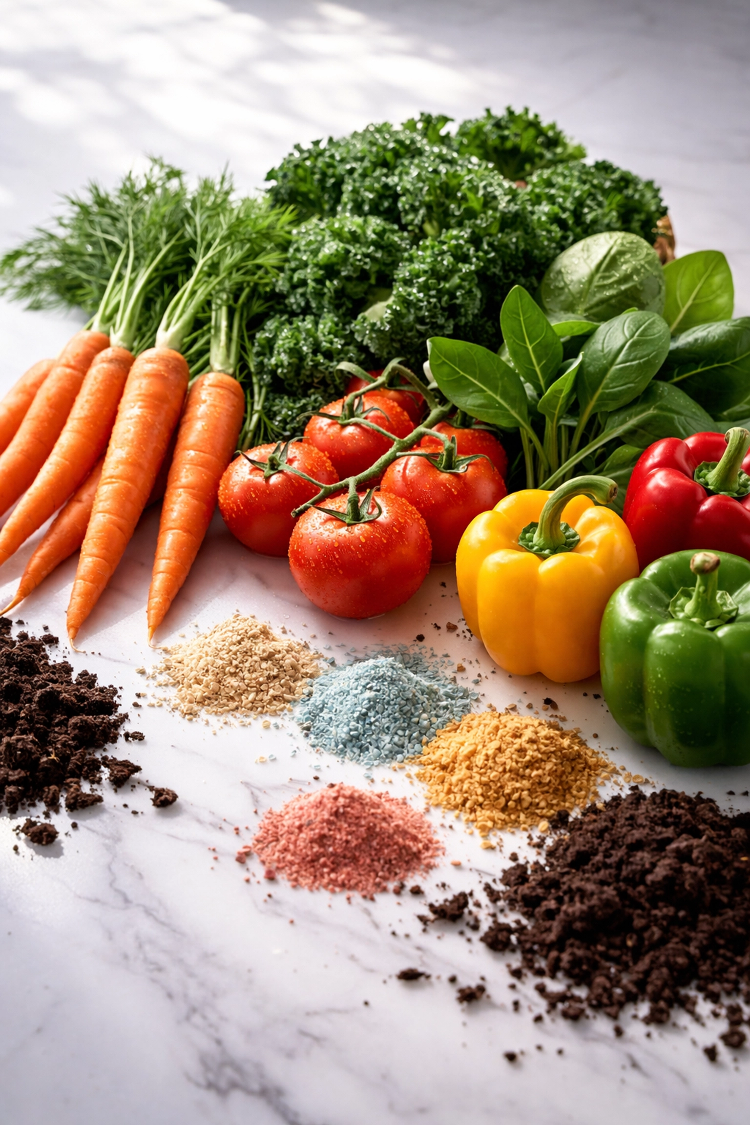 Fresh carrots, leafy greens, tomatoes, peppers, and mineral powders on soil, illustrating the importance of trace minerals for nutrient-rich vegetables.