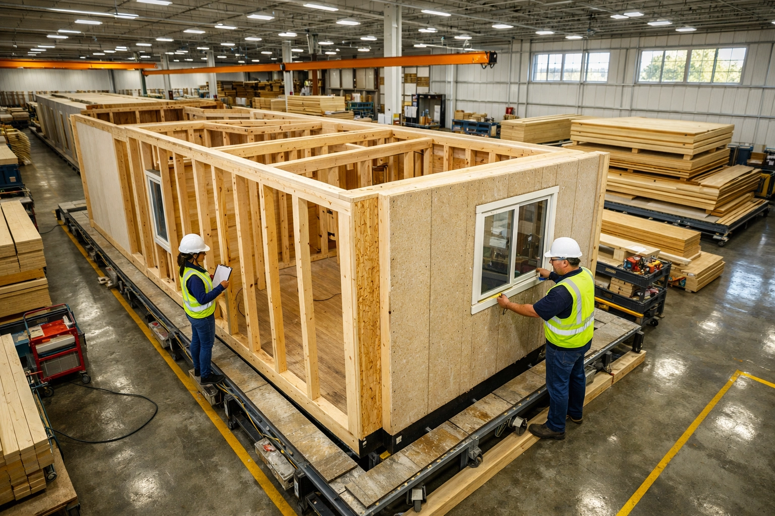 Quality control inspection of modular home framing in controlled factory environment