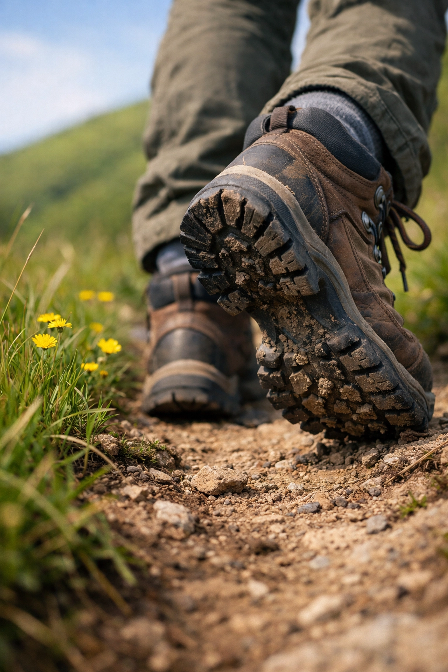 A close-up of hiking boots on a mountain trail, preparing for UK hiking adventures.