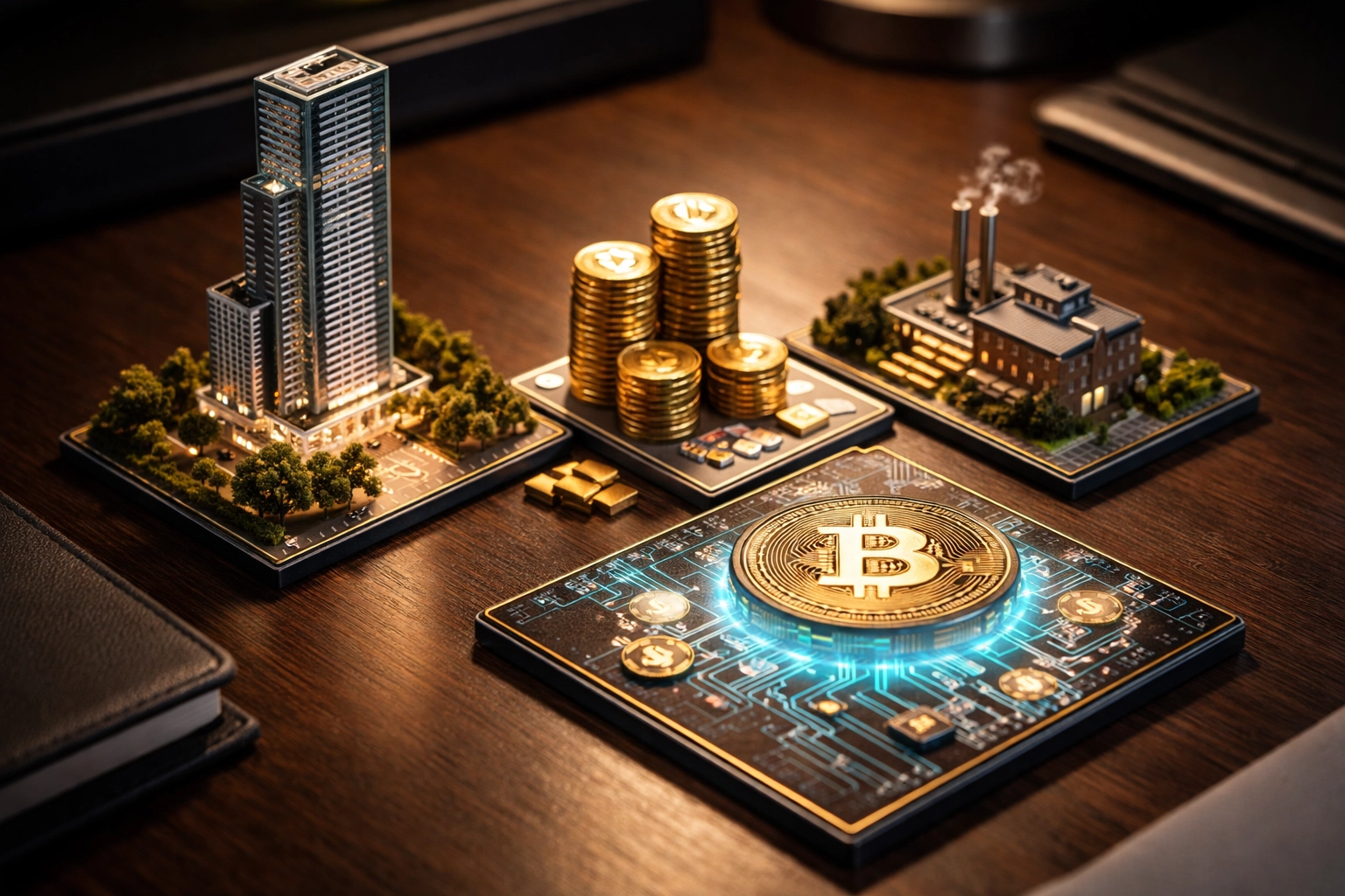 Top-down view of a miniature investment landscape showcasing real estate, private equity, and digital assets for portfolio diversification.