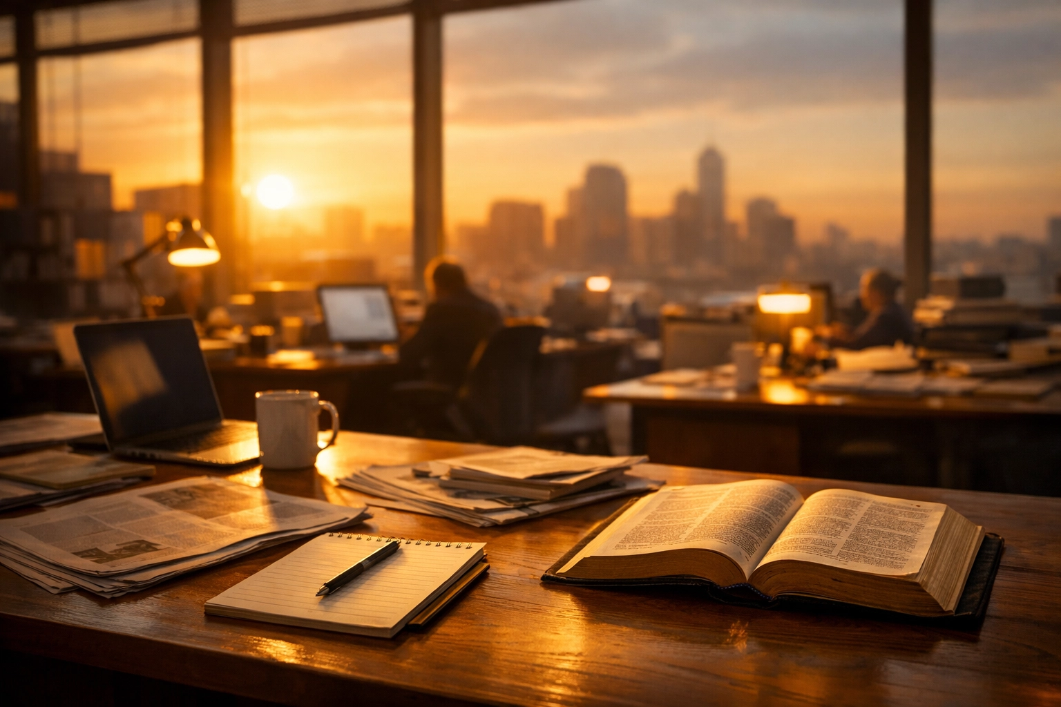 Newsroom desk with open Bible and laptop at sunset showing biblical approach to daily news