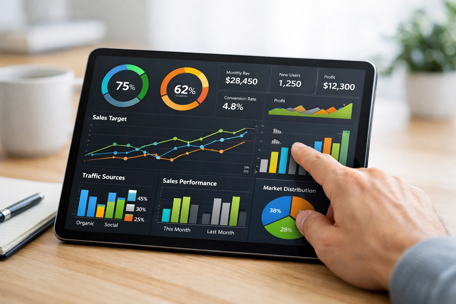 Close-up of a tablet showing a real-time data dashboard used for business automation and strategic scaling decisions.