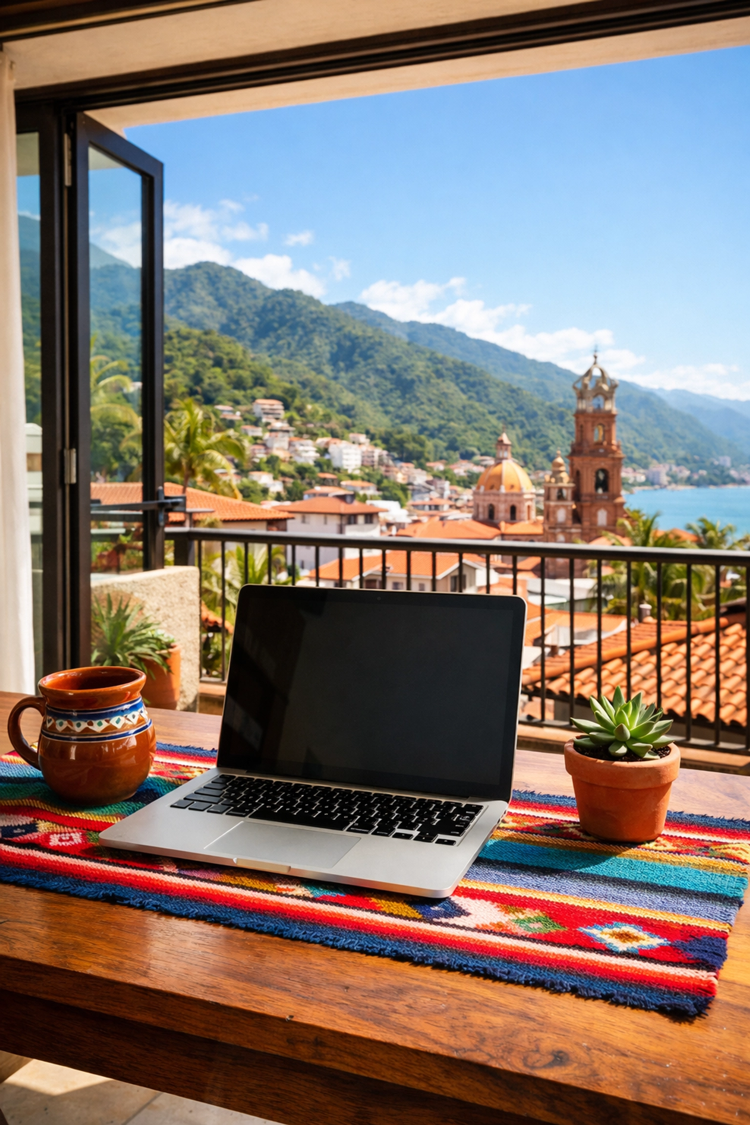 Digital nomad workspace in a Puerto Vallarta condo overlooking Old Town and the Sierra Madre mountains.