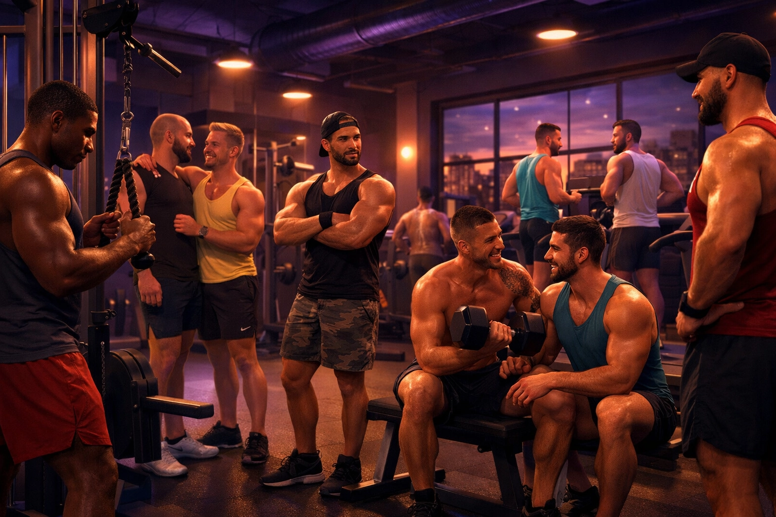 Diverse gay men working out at evening gym showing community dynamics and social spaces