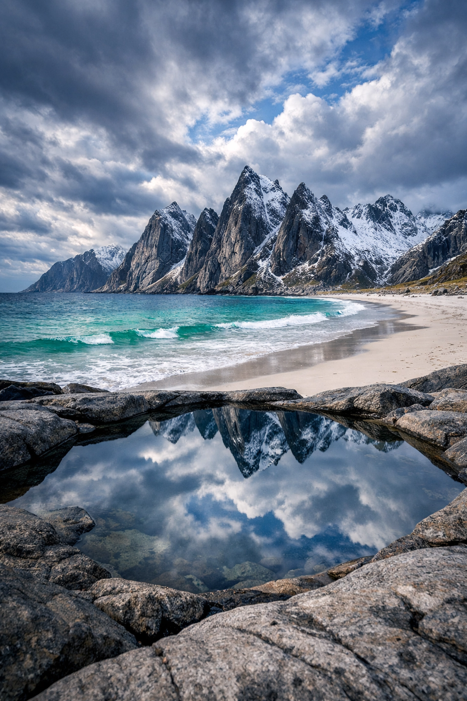 Arctic beach in Lofoten Islands with snow-capped mountains reflecting in a tide pool at low tide.