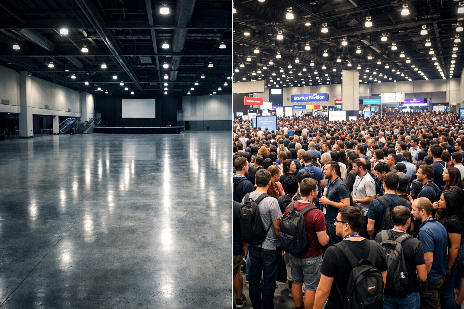 Split view of an empty and crowded event hall showing the impact of attendee density on WiFi signal strength.