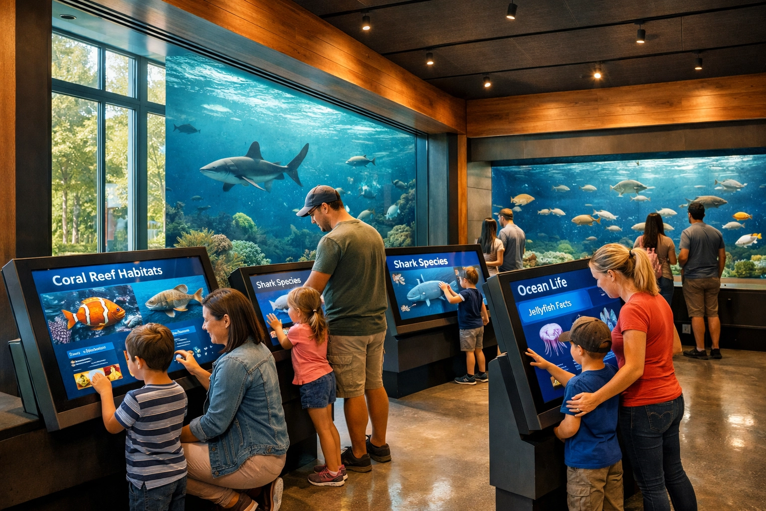 Families using interactive digital displays at modern zoo aquarium visitor center with educational kiosks